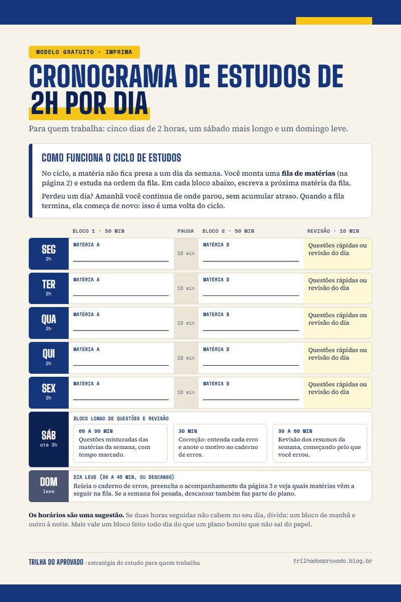 Prévia do Cronograma de Estudos de 2h por Dia, com a grade semanal de segunda a domingo