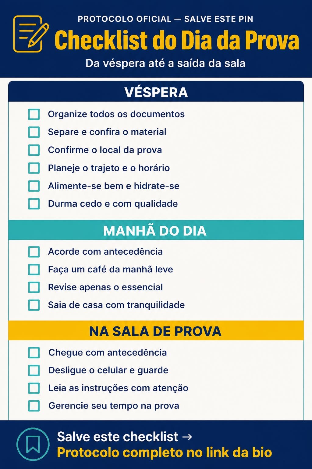 Checklist do dia da prova dividido em três blocos: véspera, manhã do dia e na sala de prova, com caixas para marcar
